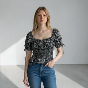 Indigo Rising Black Smocked Boho Peasant Peplum Puff Sleeves Floral Blouse Top M